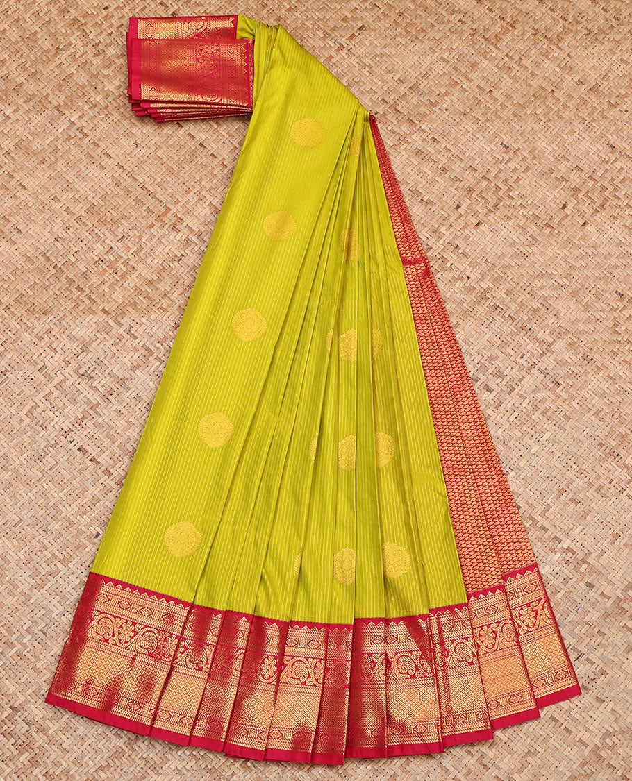 Light Green Budget Silk Saree, Spotlighted with Zari Buttas and Stripes, Complemented by a Contrast Traditional Zari Border, Pallu of Jaal Designs, and a Contrast Blouse