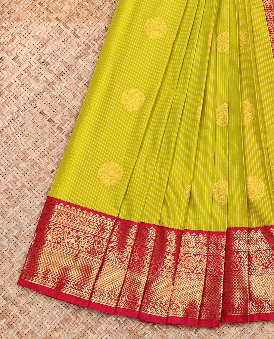 Light Green Budget Silk Saree, Spotlighted with Zari Buttas and Stripes, Complemented by a Contrast Traditional Zari Border, Pallu of Jaal Designs, and a Contrast Blouse