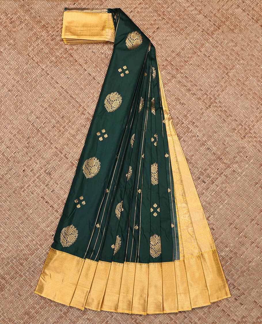 Green Budget Silk Saree, Spotlighted with Zari Buttas and Stripes, Complemented by Contrast Traditional Zari Border, Grand Pallu and a Contrast Blouse