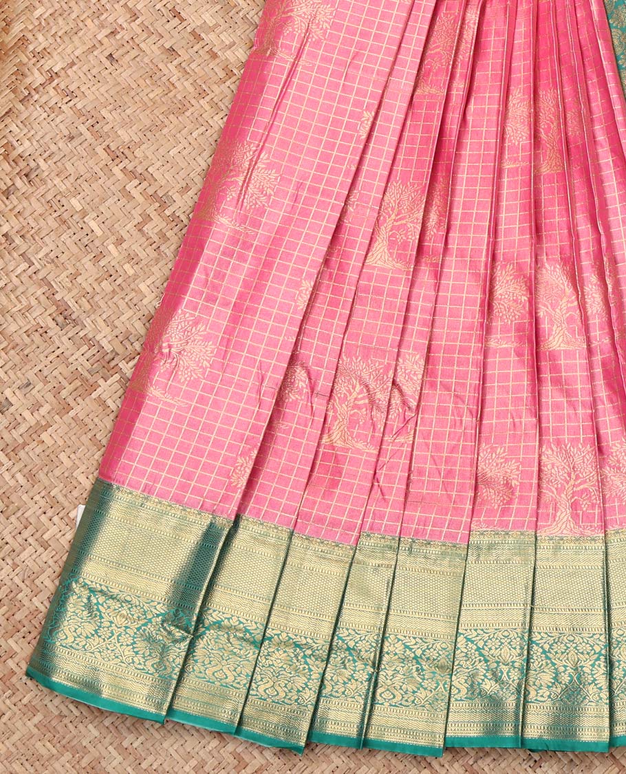 Pink Budget Silk Saree, Adorned with Zari Buttas and Checks, Complemented by Contrast Traditional Zari Border, Intricate Pallu, and Contrast Blouse
