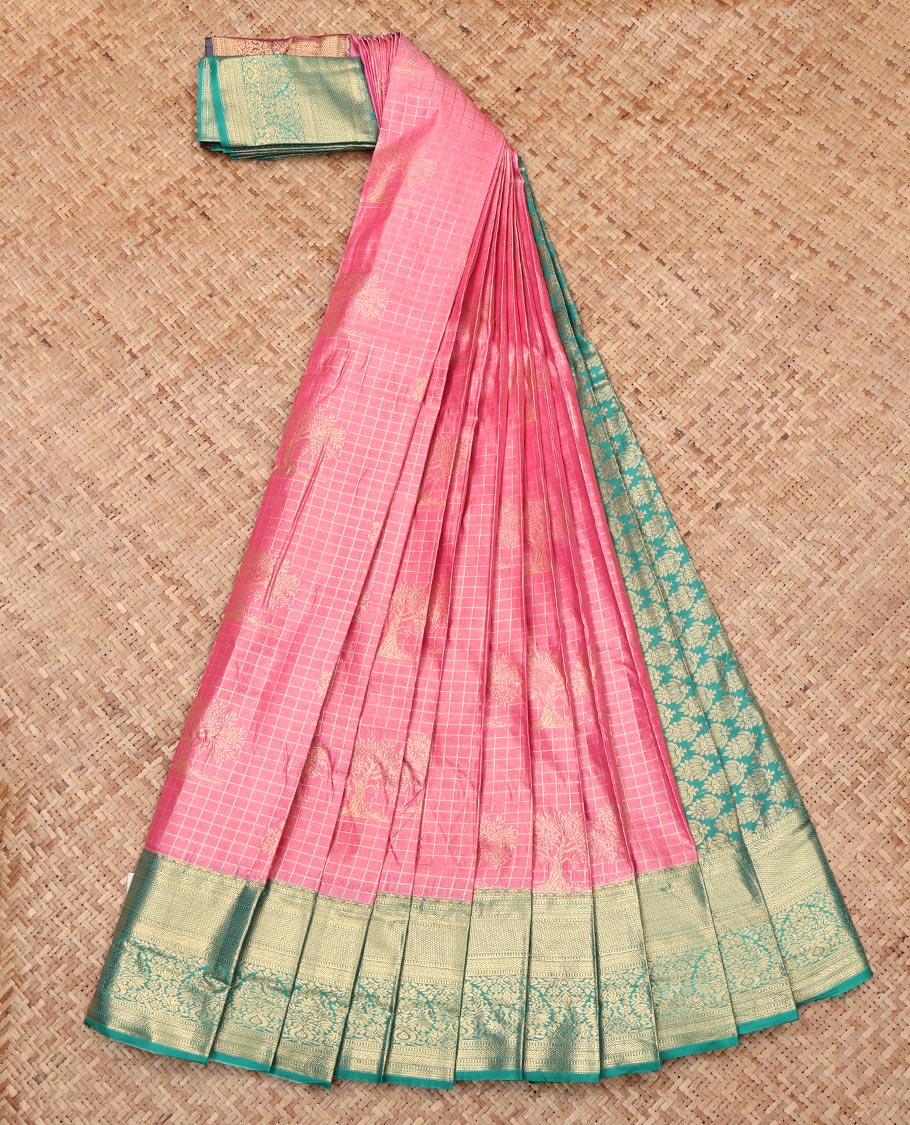Pink Budget Silk Saree, Adorned with Zari Buttas and Checks, Complemented by Contrast Traditional Zari Border, Intricate Pallu, and Contrast Blouse