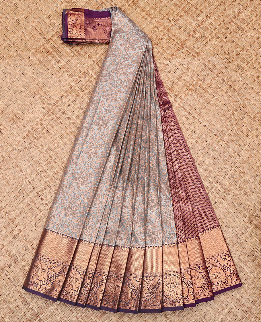 Grey Budget Silk Saree, Beautifully Bedecked with Jacquard Design, Complemented by a Contrast Traditional Zari Border, Jaal Pallu, and Contrast Blouse
