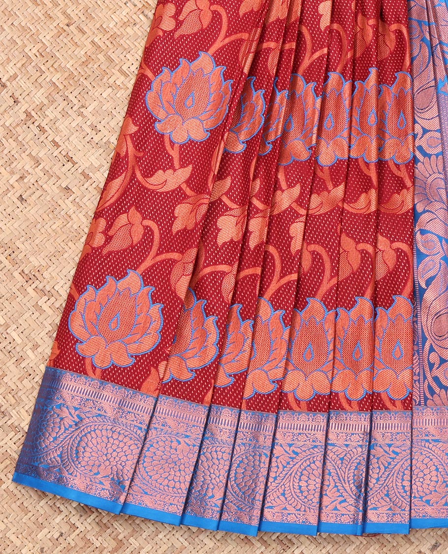 Red Budget Silk Saree, Mesmerized with Floral Jacquard Design, Complemented by a Contrast Floral Zari Border, Paisley Pallu, and a Contrast Blouse