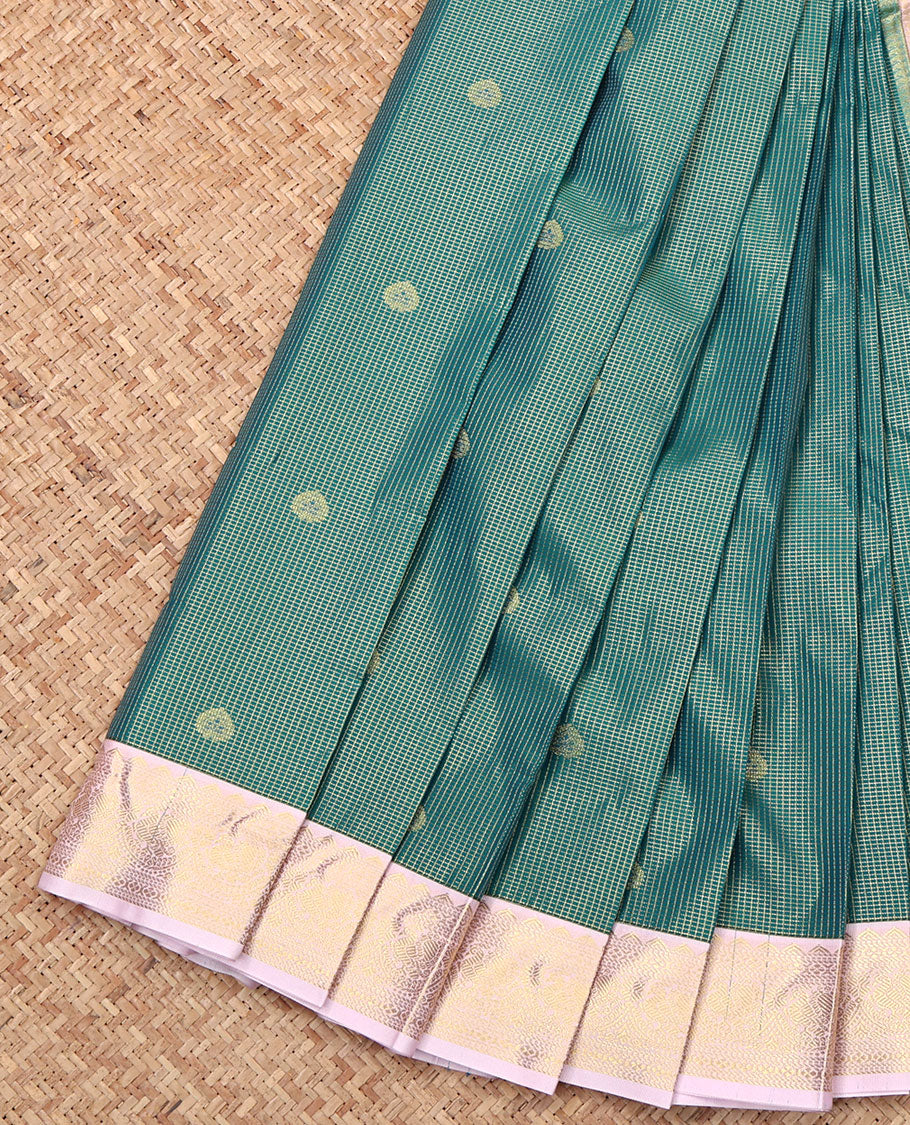 Green Budget Silk Saree, Enriched with Zari Buttas and Checks, Complemented by Contrast Traditional Zari Border, Geometric Pallu, and a Contrast Blouse