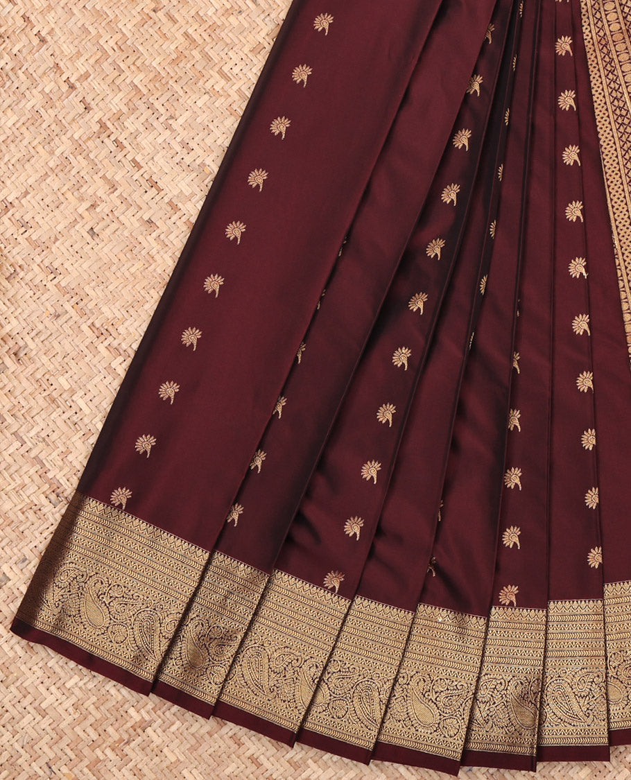 Brown Budget Silk Saree, Accentuated with Zari Buttas, Highlighted by a Traditional Zari Border, Geometric Pallu, and a Matching Blouse