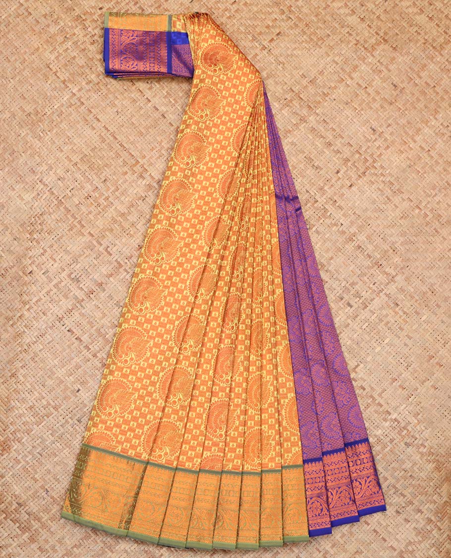 Yellow Budget Silk Saree, Spotlighted with Jacquard Design, Complemented by Contrast Traditional Zari Border, a Grand Pallu and a Contrast Blouse