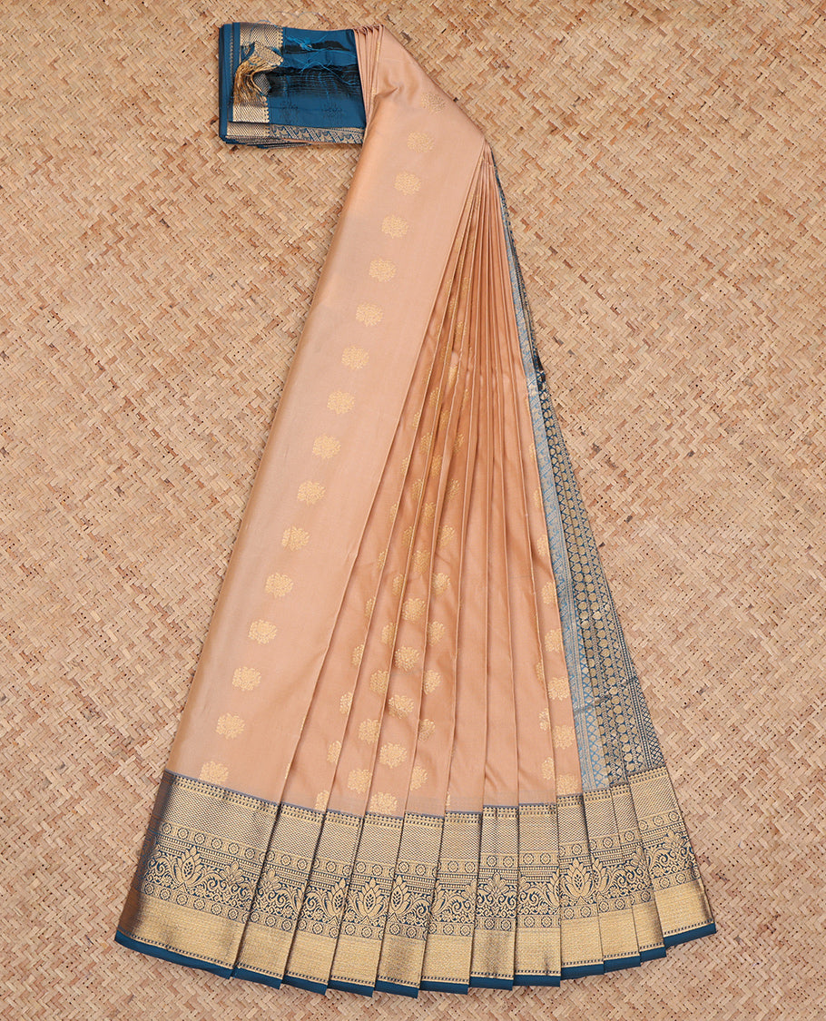 Sandal Budget Silk Saree, Sparsely Threaded with Zari Buttas, Complemented by a Contrast Traditional Zari Border, Grand Pallu, and a Contrast Blouse