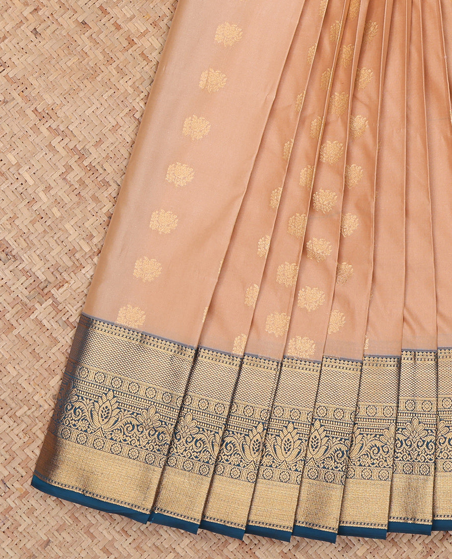 Sandal Budget Silk Saree, Sparsely Threaded with Zari Buttas, Complemented by a Contrast Traditional Zari Border, Grand Pallu, and a Contrast Blouse