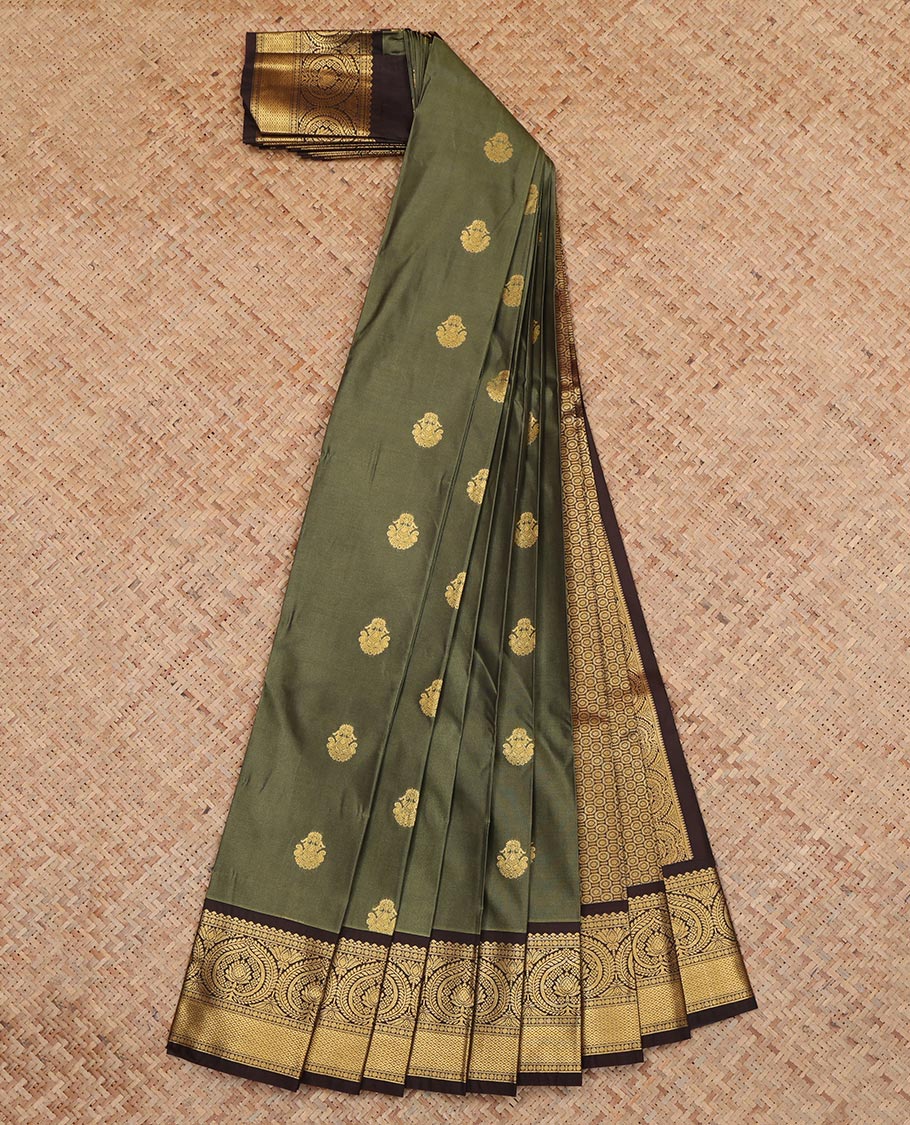 Green Budget Silk Saree, Detailed with Zari Buttas, a Contrast Traditional Zari Border, a Grand Pallu and a Contrast Blouse