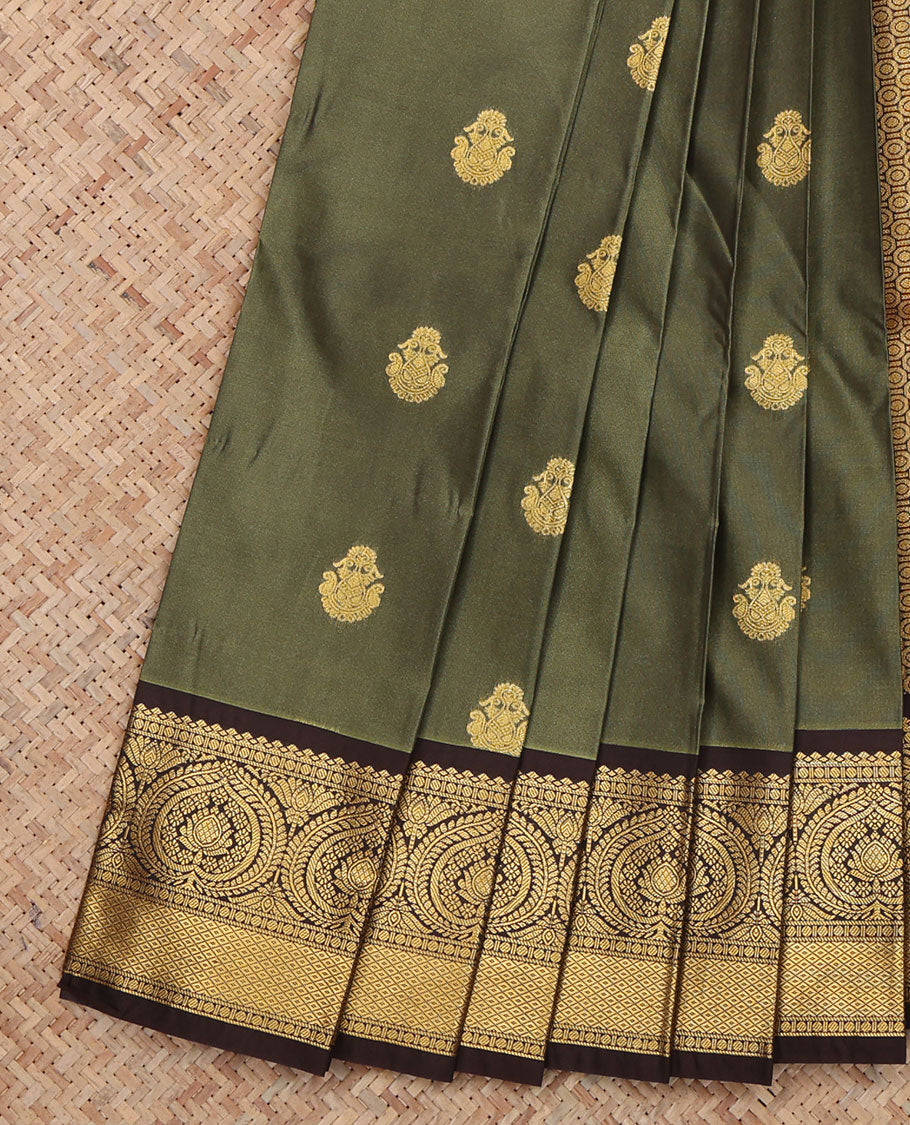 Green Budget Silk Saree, Detailed with Zari Buttas, a Contrast Traditional Zari Border, a Grand Pallu and a Contrast Blouse