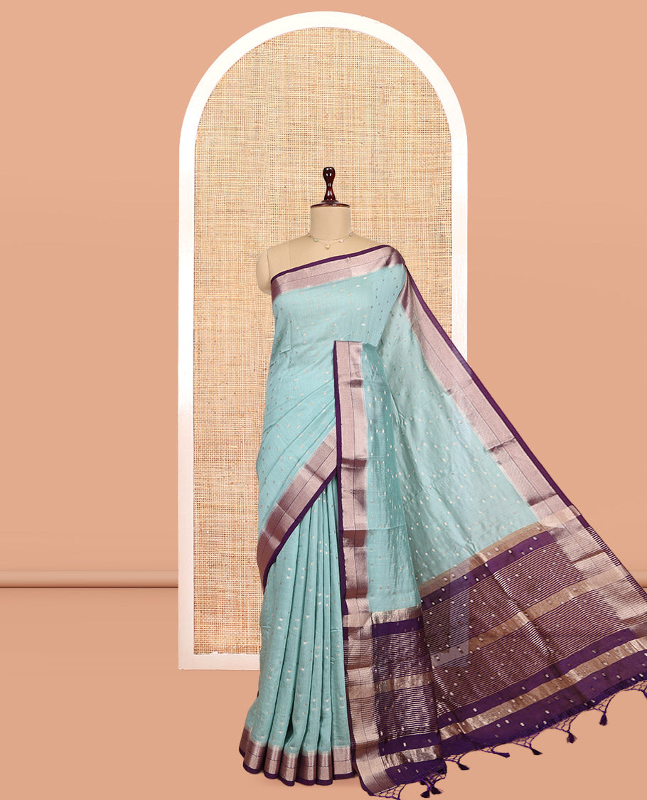 Blue Assam Silk Saree, Bedecked with Zari Buttas, Complemented by Contrast Traditional Zari Border, Zari Woven Pallu, and Contrast Blouse