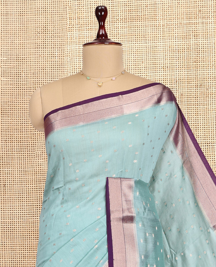 Blue Assam Silk Saree, Bedecked with Zari Buttas, Complemented by Contrast Traditional Zari Border, Zari Woven Pallu, and Contrast Blouse