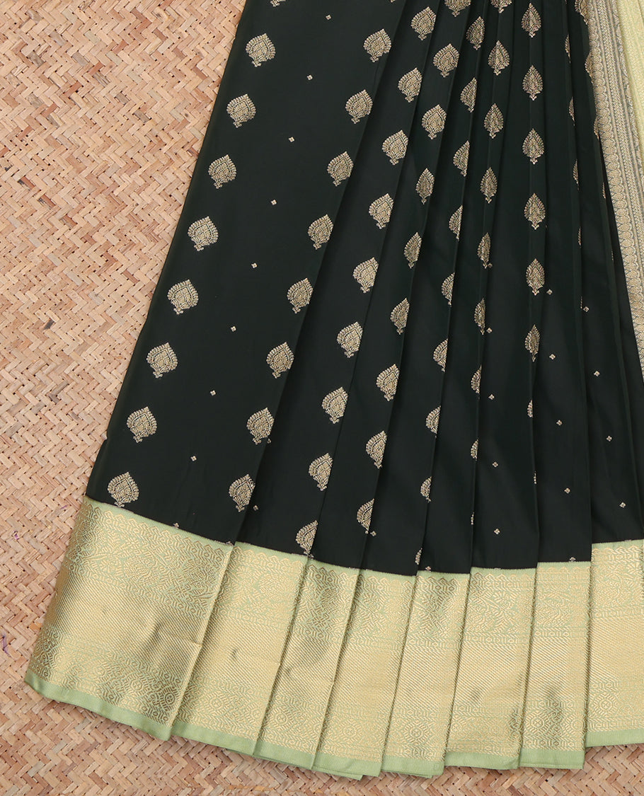 Deep Green Budget Silk Saree, Beautified with Zari Buttas, a Contrast Traditional Zari Border, Geometric Pallu, and a Contrast Blouse