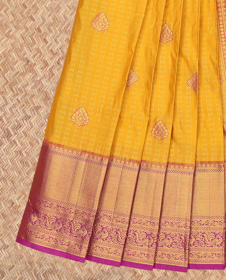 Yellow Budget Silk Saree, Graced with Zari Buttas and Stripes, a Contrast Traditional Zari Border, Grand Jaal Pallu, and a Contrast Blouse