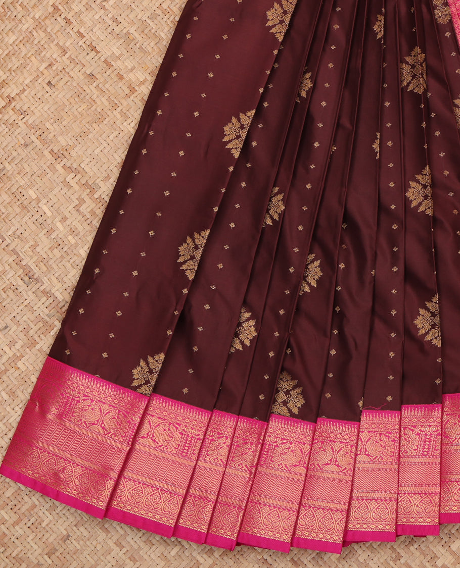 Maroon Budget Silk Saree, Beautifully Bedecked with Zari Buttas, a Contrast Traditional Zari Border, Grand Pallu, and a Contrast Blouse