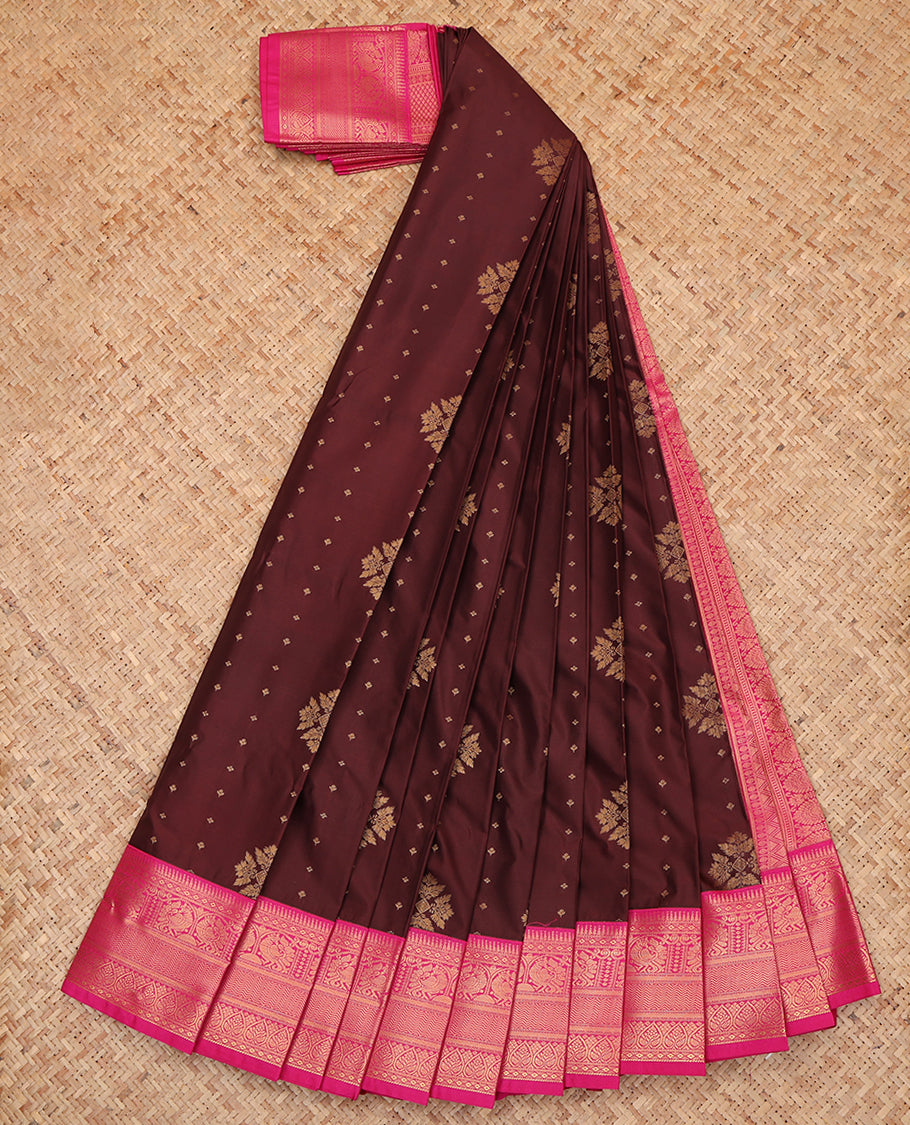Maroon Budget Silk Saree, Beautifully Bedecked with Zari Buttas, a Contrast Traditional Zari Border, Grand Pallu, and a Contrast Blouse