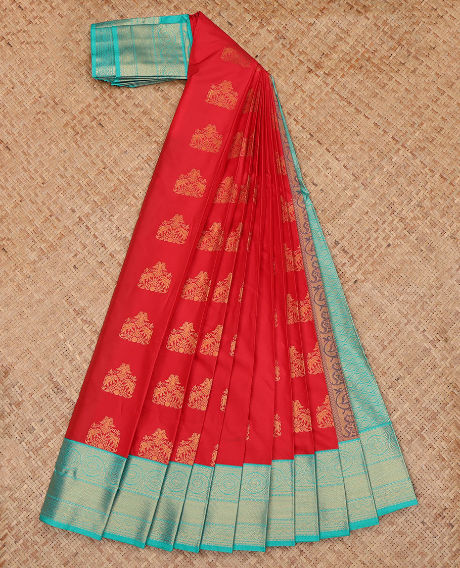 Red Budget Silk Saree, Spotlighted with Zari Buttas, a Contrast Traditional Zari Border, Grand Pallu, and a Contrast Blouse