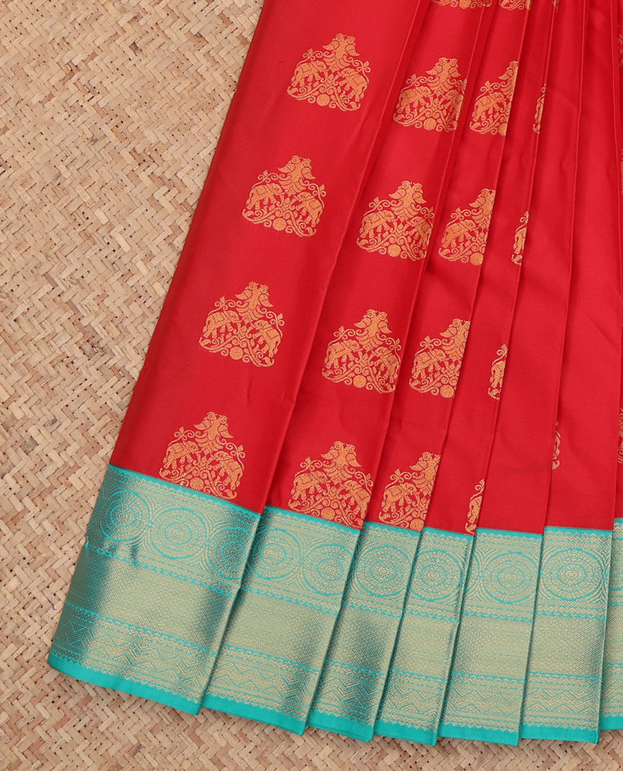 Red Budget Silk Saree, Spotlighted with Zari Buttas, a Contrast Traditional Zari Border, Grand Pallu, and a Contrast Blouse