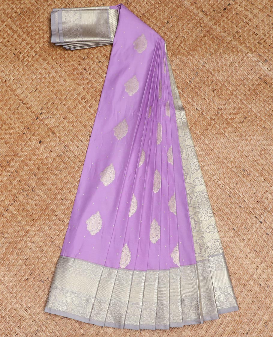 Lavender zari buttas gift saree, contrast traditional zari border, and intricate pallu