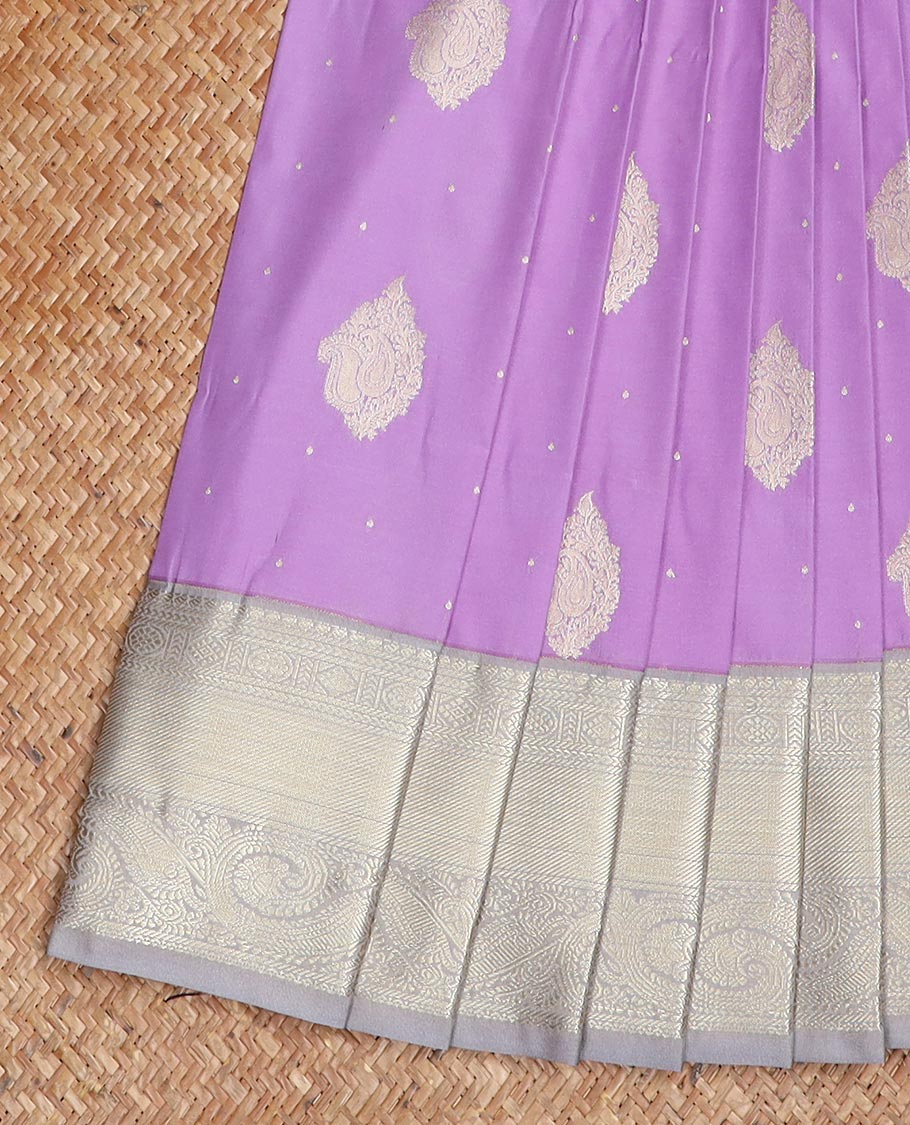 Lavender zari buttas gift saree, contrast traditional zari border, and intricate pallu