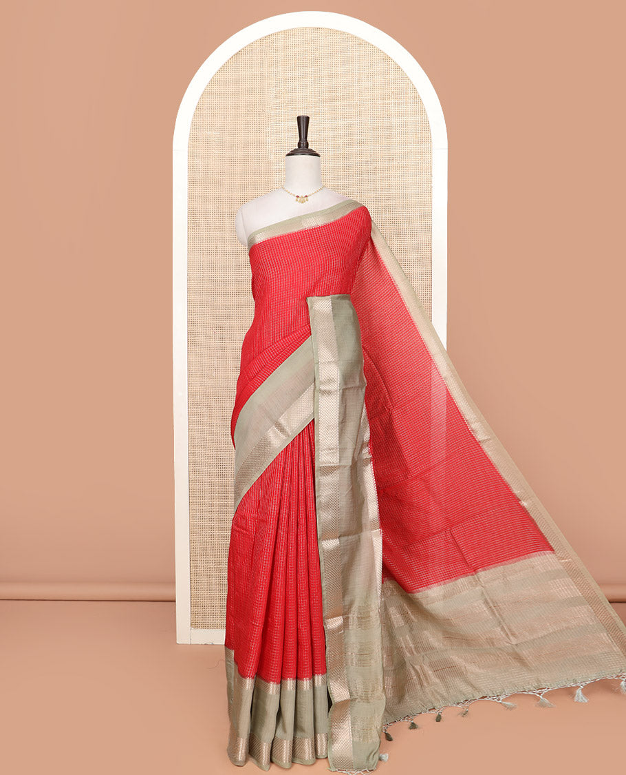 Red Assam Silk Saree Prettified with Zari Checks, Complemented by Contrast Zari Border of Triangle Motifs, a Gleaming Pallu of Zari Stripes, and Paired with a Contrast Blouse