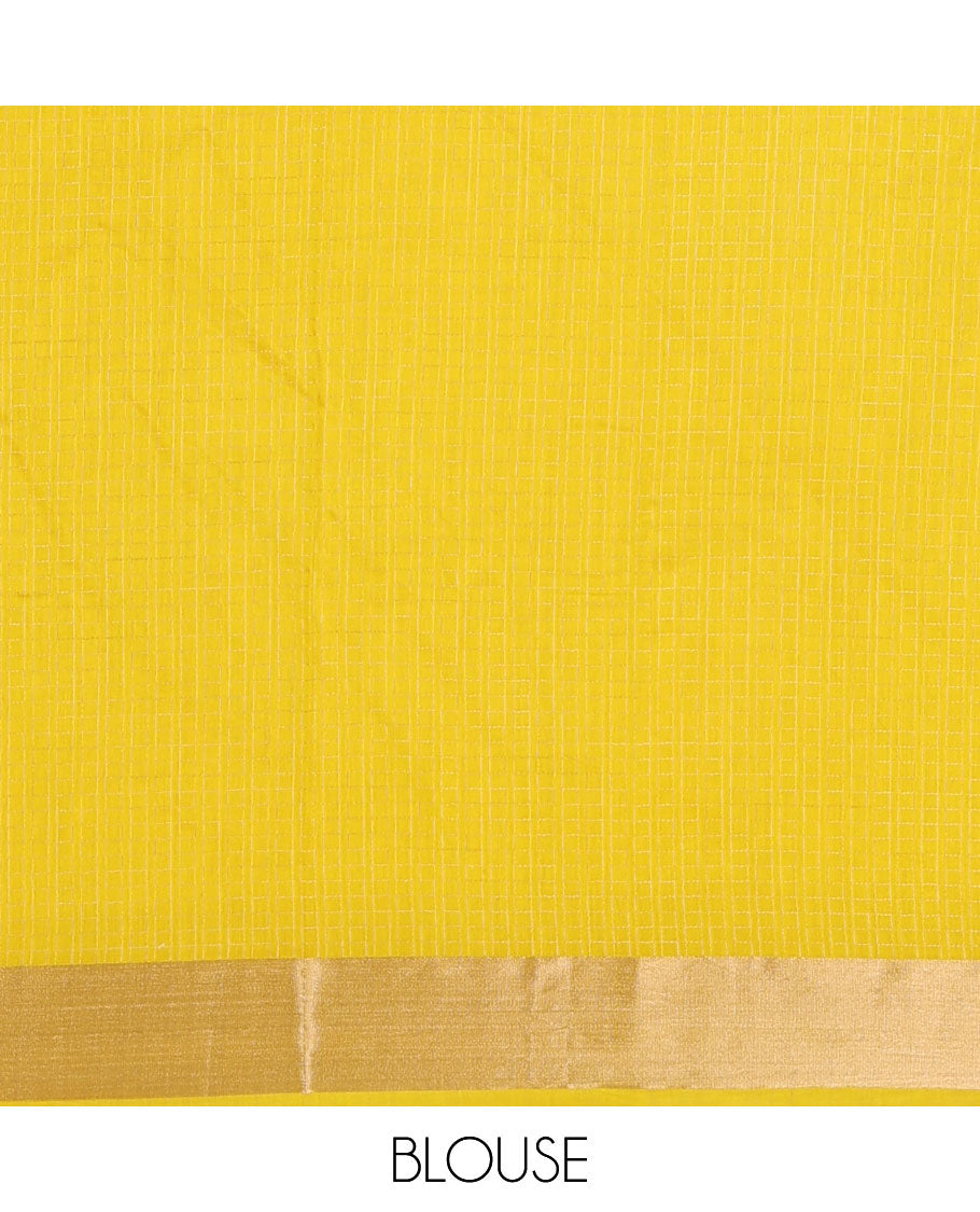 Yellow checked Assam silk saree, bavanji border, and pallu of stripes