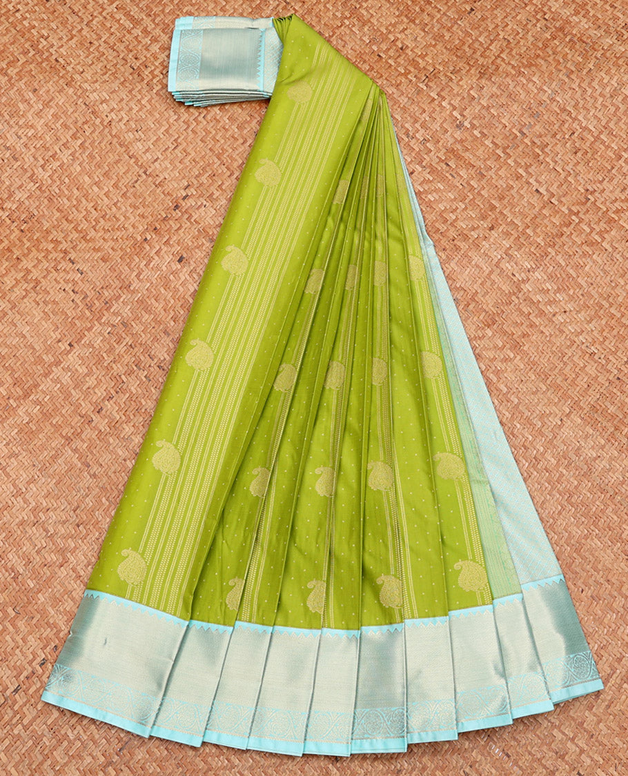 Parrot Green Budget Silk Saree, Gleamed Up with Zari Buttas, Complemented by a Contrast Traditional Zari Border, Sparsely Woven Pallu, and Contrast Blouse
