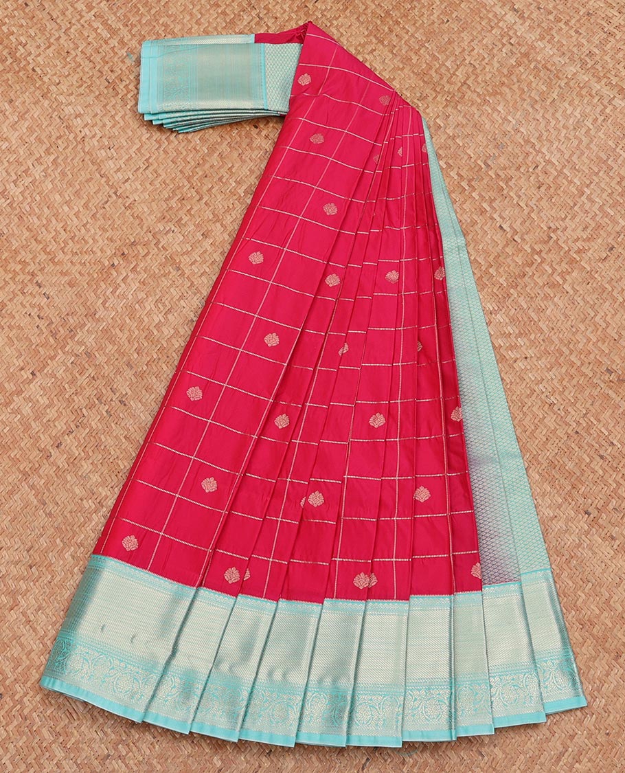 Pink Budget Silk Saree, Adorned with Zari Butta Enclosed Checks, Complemented by Contrast Traditional Zari Border, Grand Pallu, and Contrast Blouse