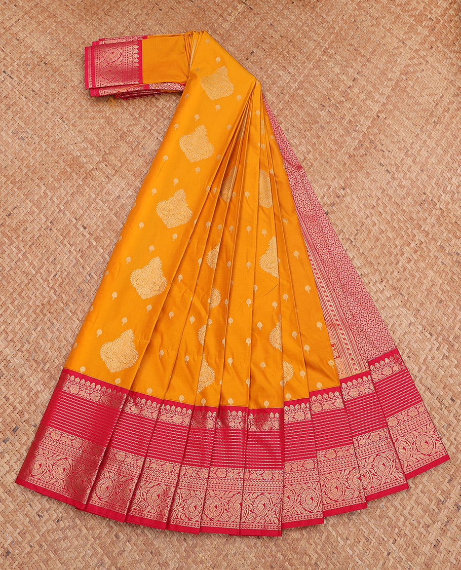 Orange Budget Silk Saree, Prettified with Zari Buttas, Complemented by a Contrast Traditional Zari Rettai Pettu Border, Jaal Pallu, and Contrast Blouse