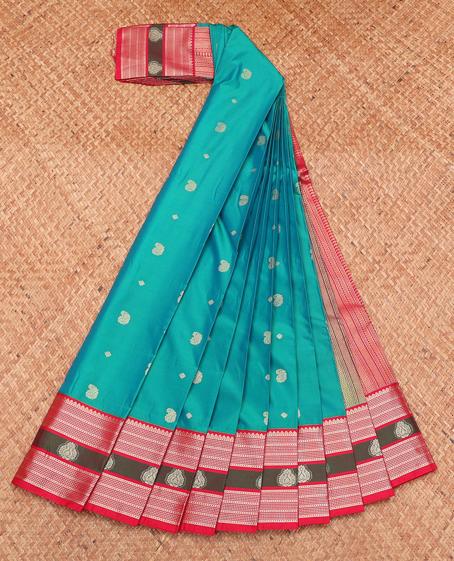 Blue Budget Silk Saree, Elegantly Framed with Zari Buttas, Complemented by a Contrast Traditional Zari Border, Grand Pallu, and a Contrast Blouse