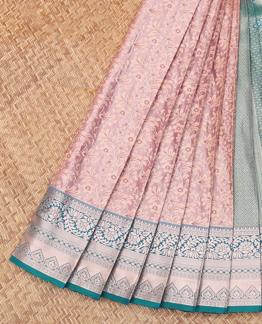 Pale Pink Budget Silk Saree, Bedecked with Jacquard Design, Complemented by Contrast Traditional Zari Border, a Grand Pallu and a Contrast Blouse