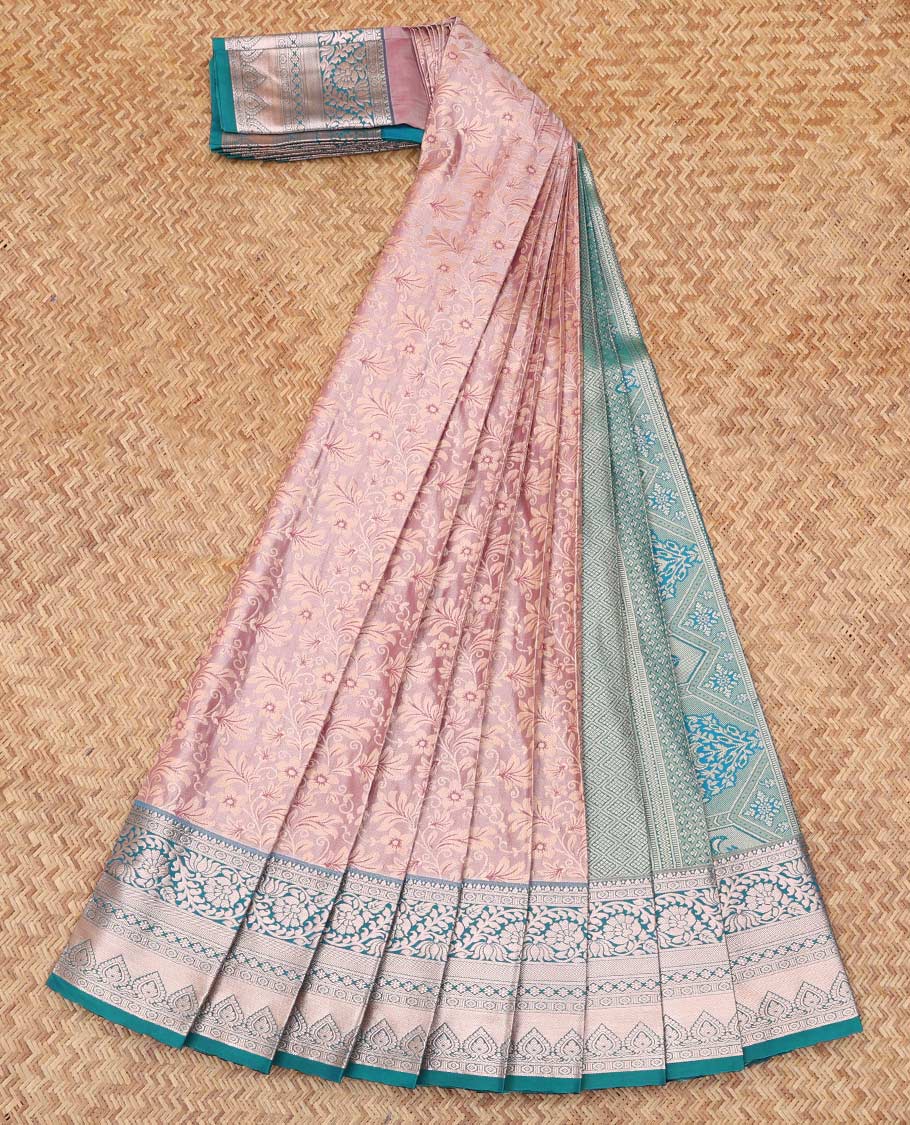 Pale Pink Budget Silk Saree, Bedecked with Jacquard Design, Complemented by Contrast Traditional Zari Border, a Grand Pallu and a Contrast Blouse