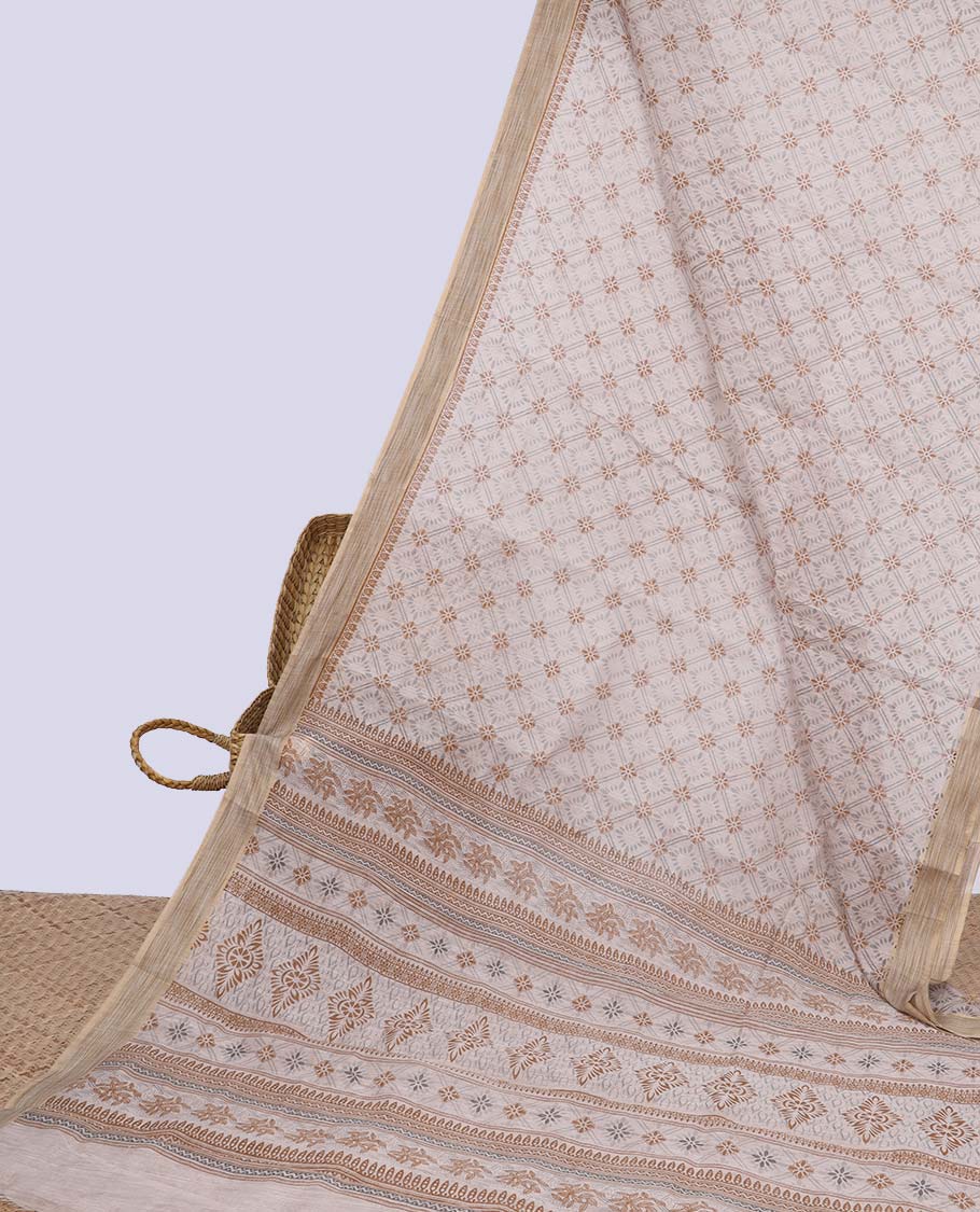 Cream jaal printed budget cotton saree, contrast plain border & intricate pallu