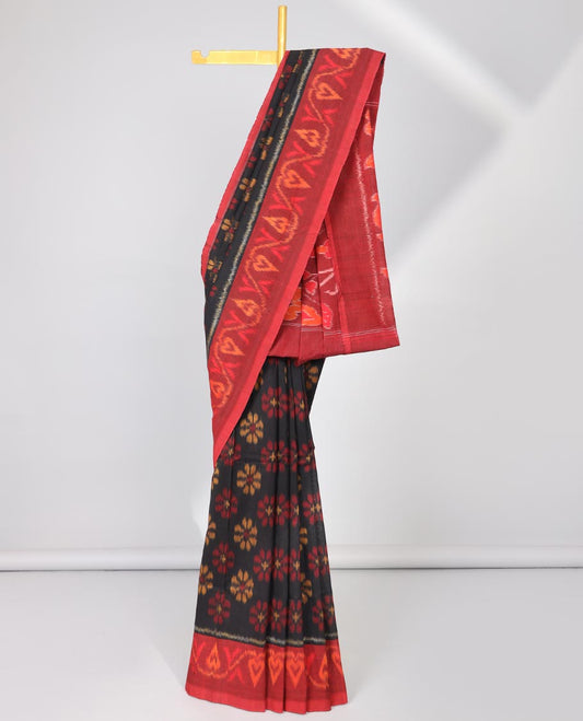 Brown ikkat cotton saree with folwer buttas , Contrast intricate border & floral vine design pallu