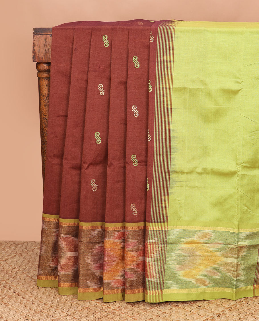 Brown buttas ploy cotton saree, contrast ikkat border, and pallu of stripes and buttas
