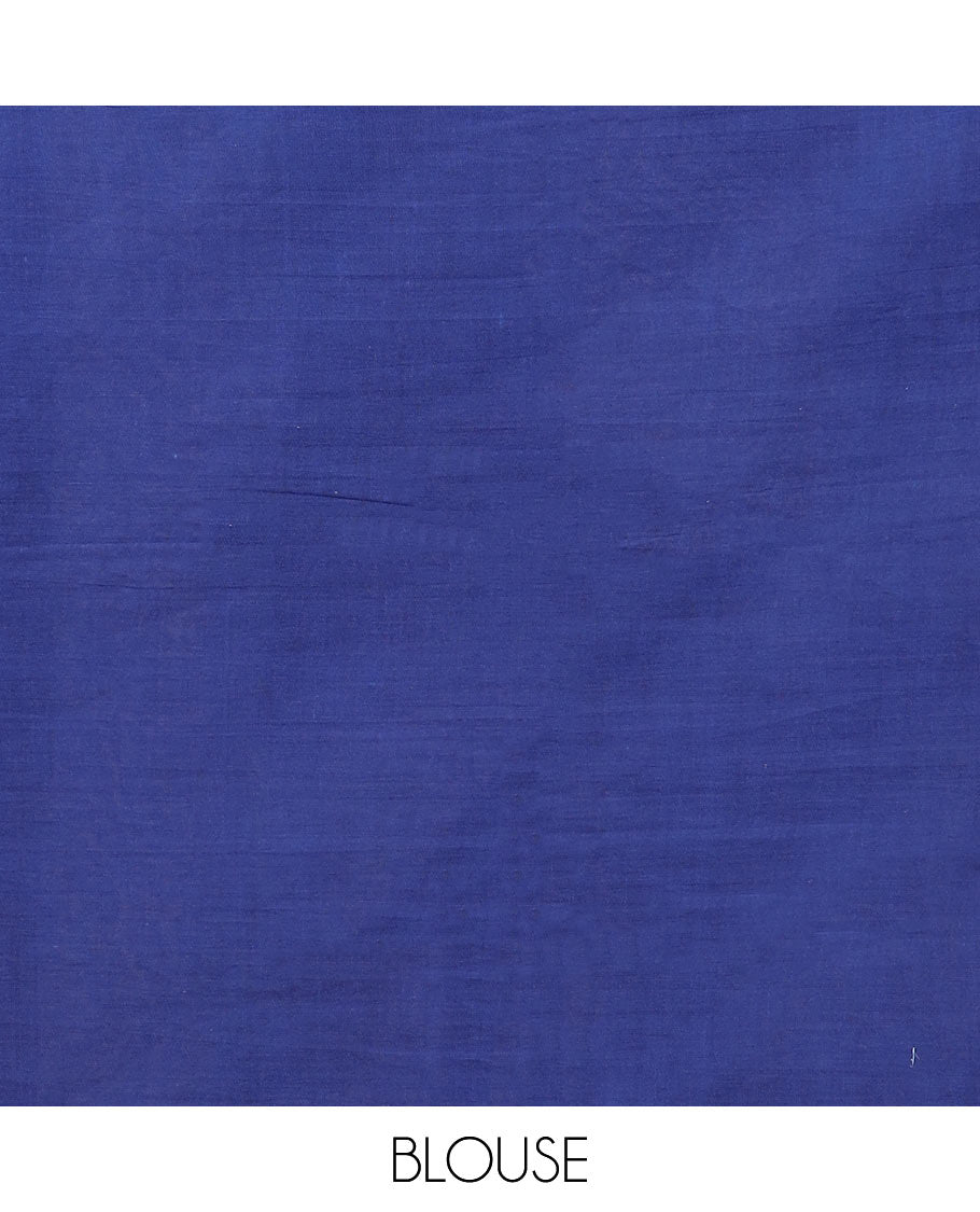 Borderless blue vine design batik printed mixed cotton saree, batik printed pallu