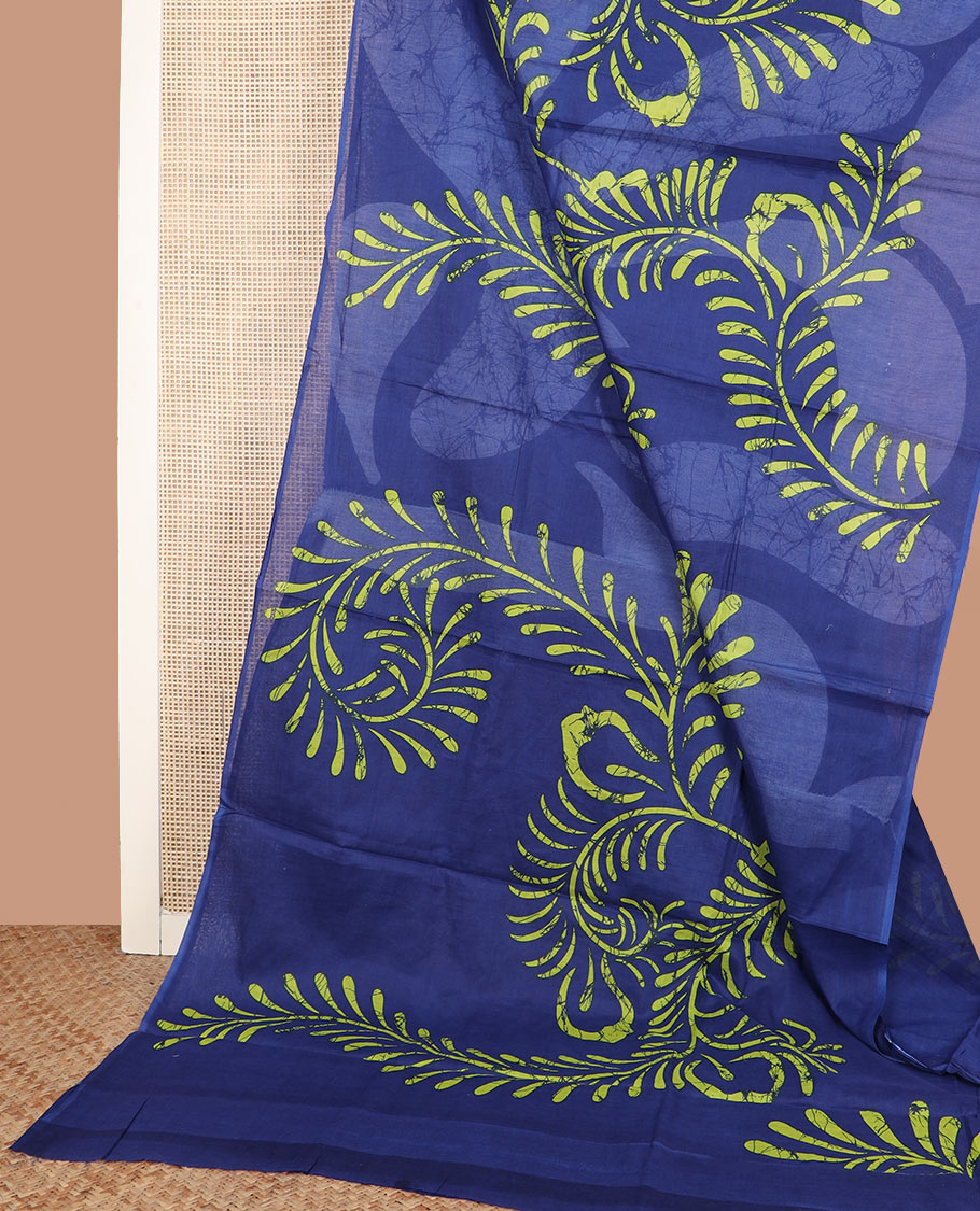Borderless blue vine design batik printed mixed cotton saree, batik printed pallu