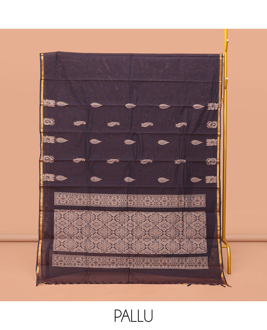 Dark Brown Kanchi Cotton Saree, Adorned with Buttas, a Subtle Piping Border, Intricate Pallu, and a Matching Blouse