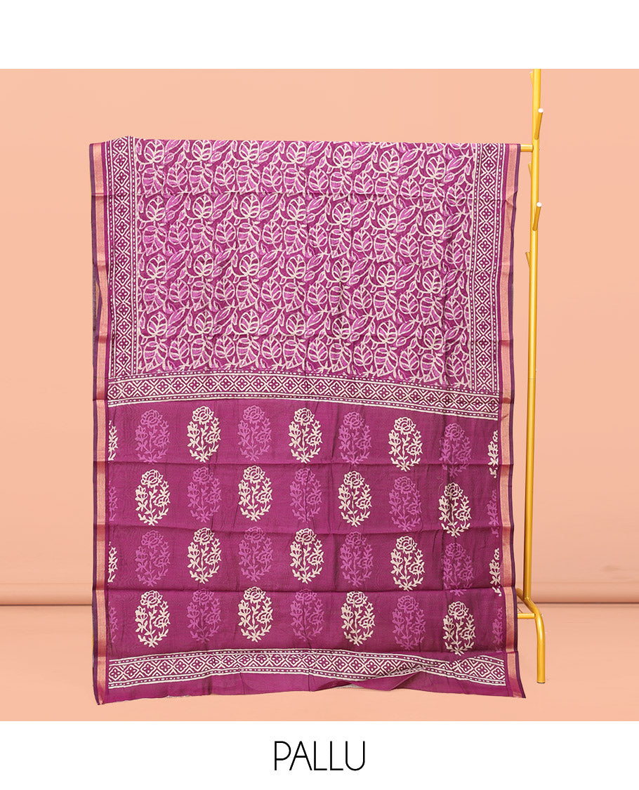Purple Kanchi Cotton Saree, Embellished with Leaf Motifs All Over Its Body, a Subtle Self-Border, Pallu of Block Printed Floral Designs, and Paired with a Contrast Blouse