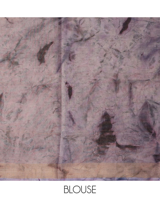 Light lavender shibori printed with leaf motifs, printed cotton saree, bavanji border, and floral design pallu