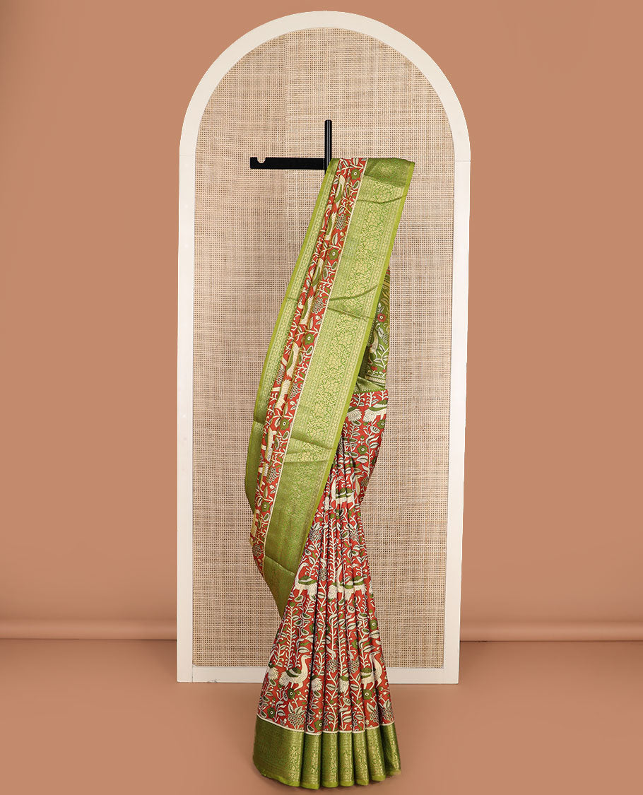 Orange flora and fauna motifs patola silk saree, contrast floral design zari border, and pallu of floral and bird motifs