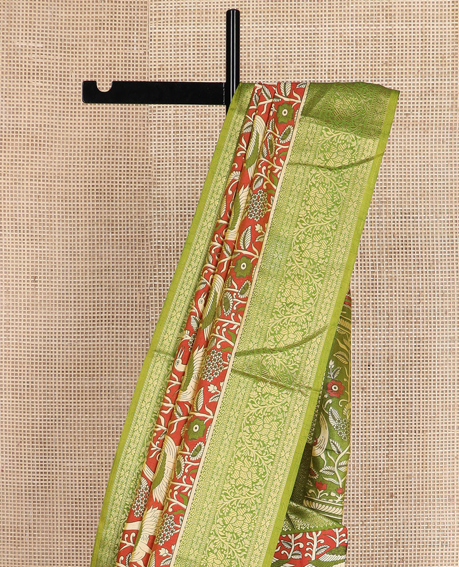 Orange flora and fauna motifs patola silk saree, contrast floral design zari border, and pallu of floral and bird motifs