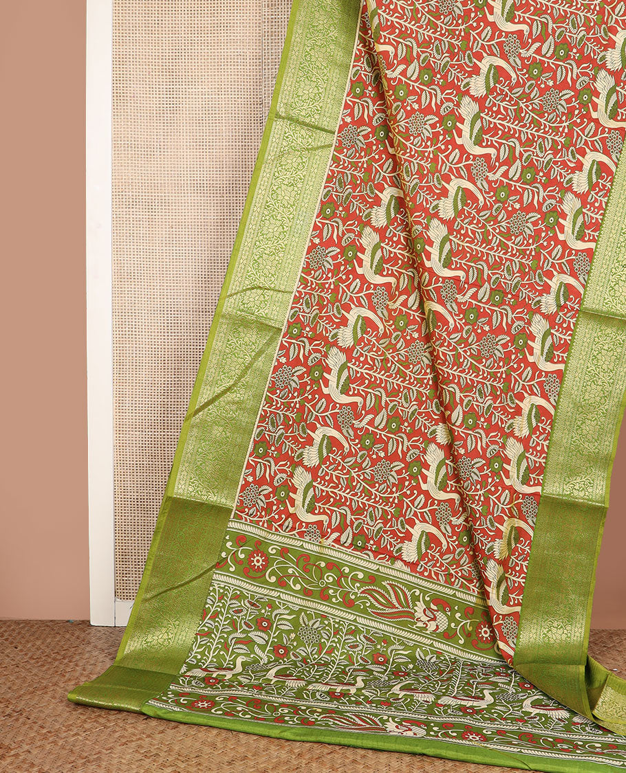 Orange flora and fauna motifs patola silk saree, contrast floral design zari border, and pallu of floral and bird motifs