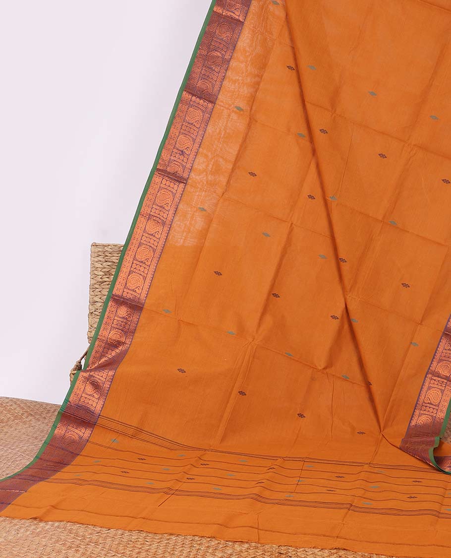 Orange buttas Chettinad cotton saree, contrast traditional design border