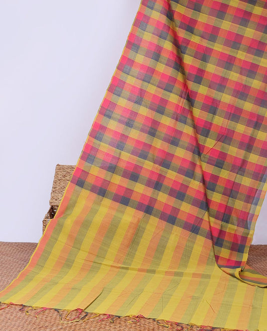 Borderless Multi coloured checked design khadi cotton saree with striped design pallu