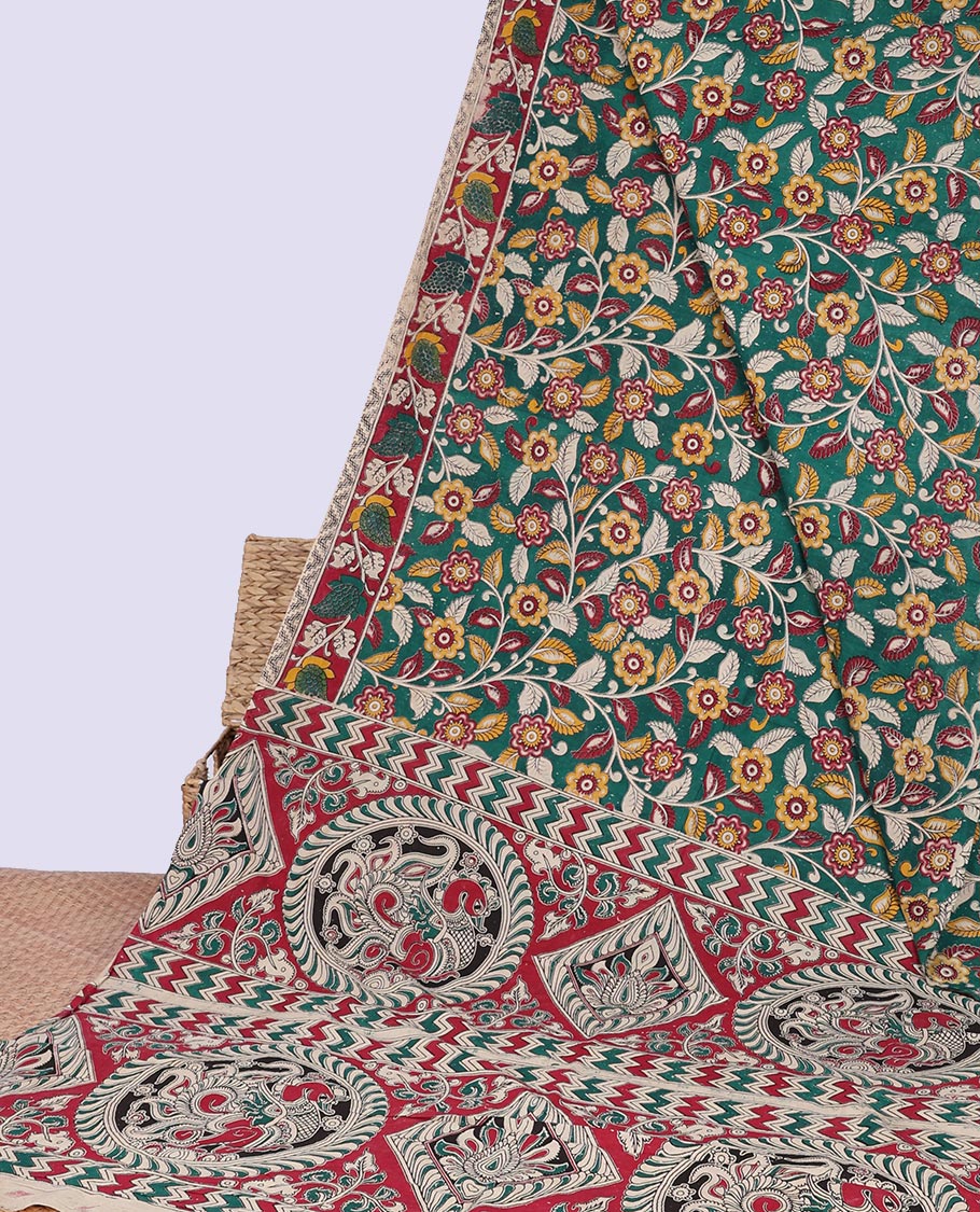 Green floral vine design machine-printed kalamkari cotton saree with floral design border & peacock, geometric design pallu