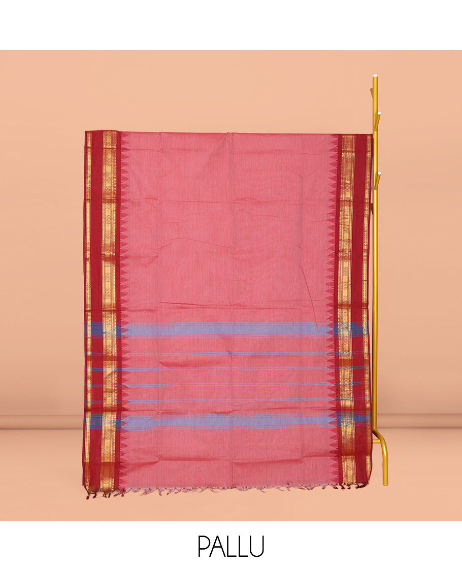 Pink Plain Chettinad Cotton Saree, Complemented by Contrast Traditional Zari Design Rettai Pettu Border, Striped Pallu, and Paired with Matching Blouse
