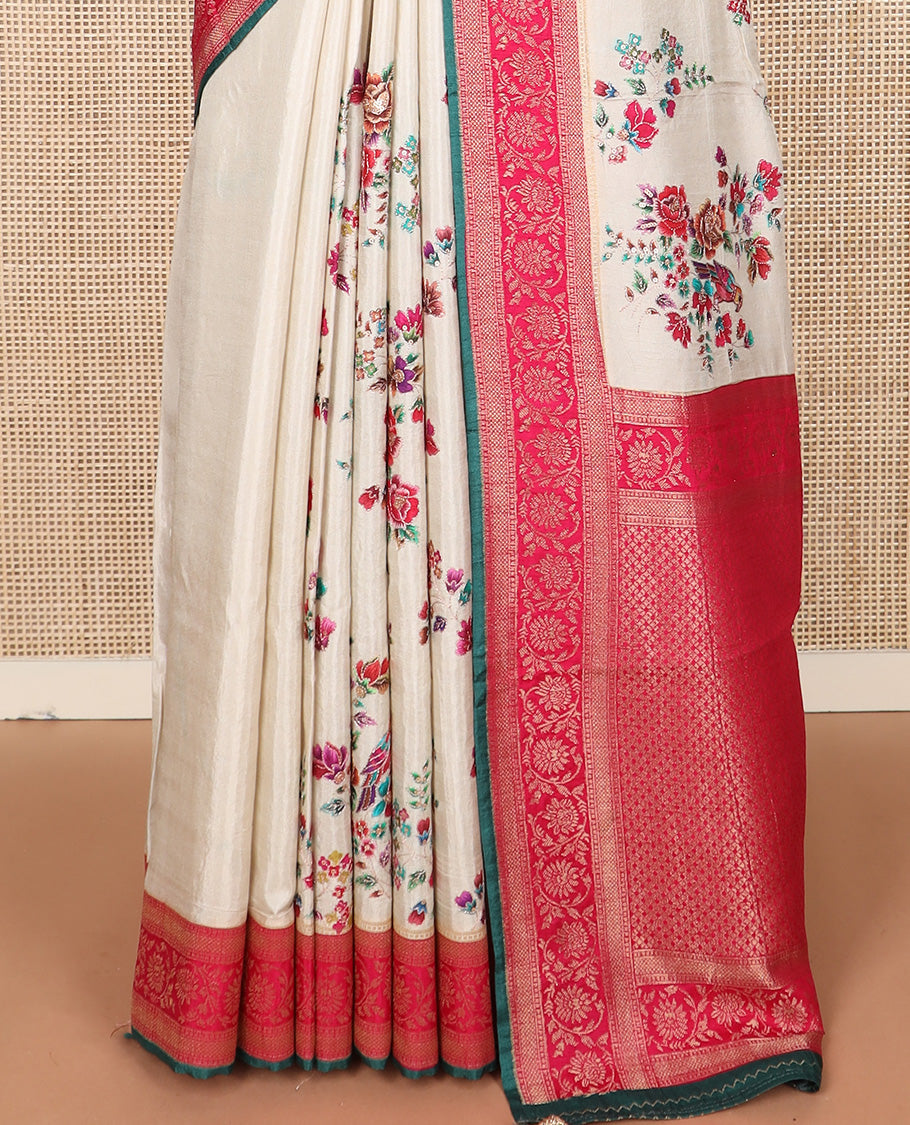 Cream meenakari floral motifs dola silk saree, contrast traditional zari border, and intricate pallu