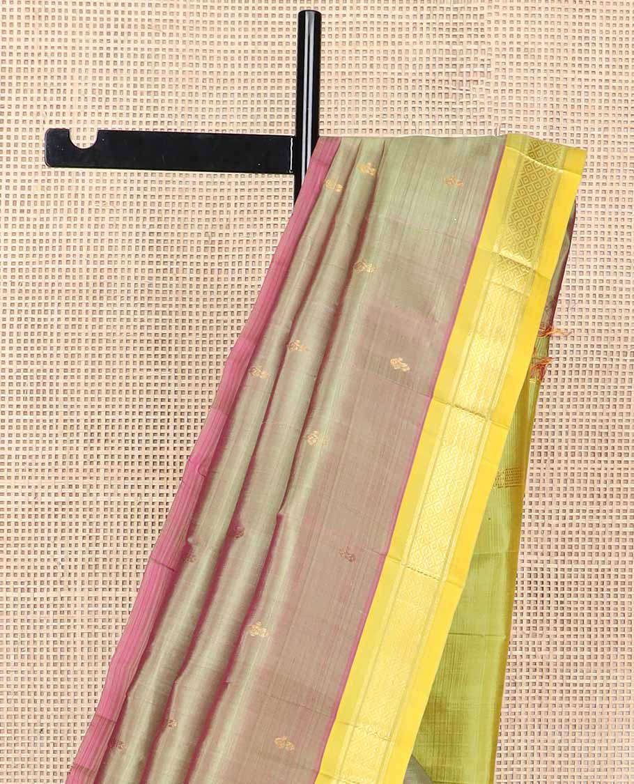 brown floral buttas kancheepuram silk saree with contrast zari design border & floral design pallu