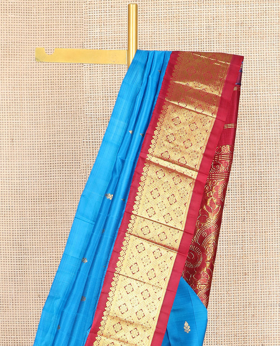 Blue zari buttas kanchipuram silksaree, contrast one-sided korvai jaal design border & floral design pallu